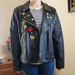 Express Black Faux Leather Jacket with Colorful Patches NWT